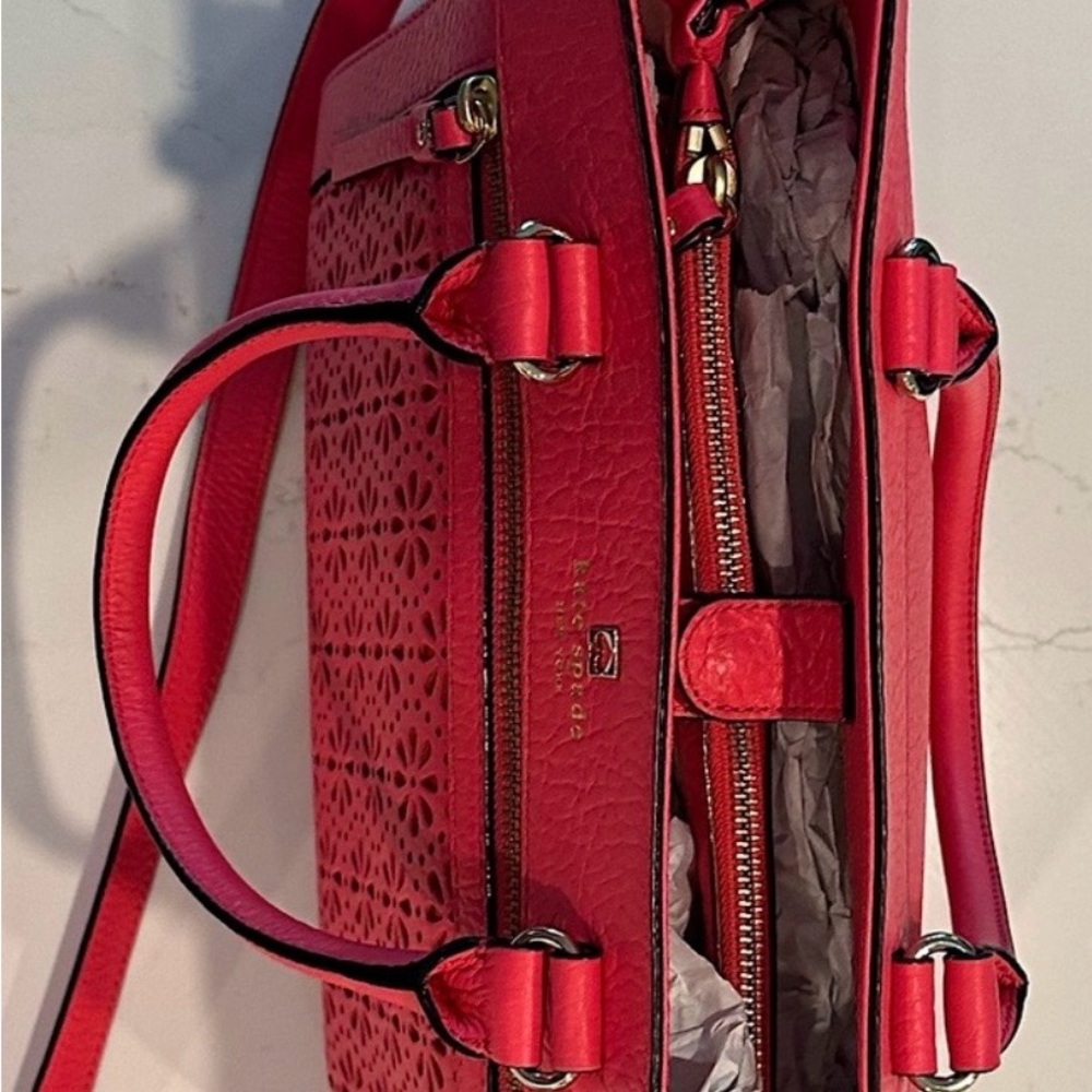 Kate Spade Pink Floral Cutout Leather Satchel - Picture 2 of 7